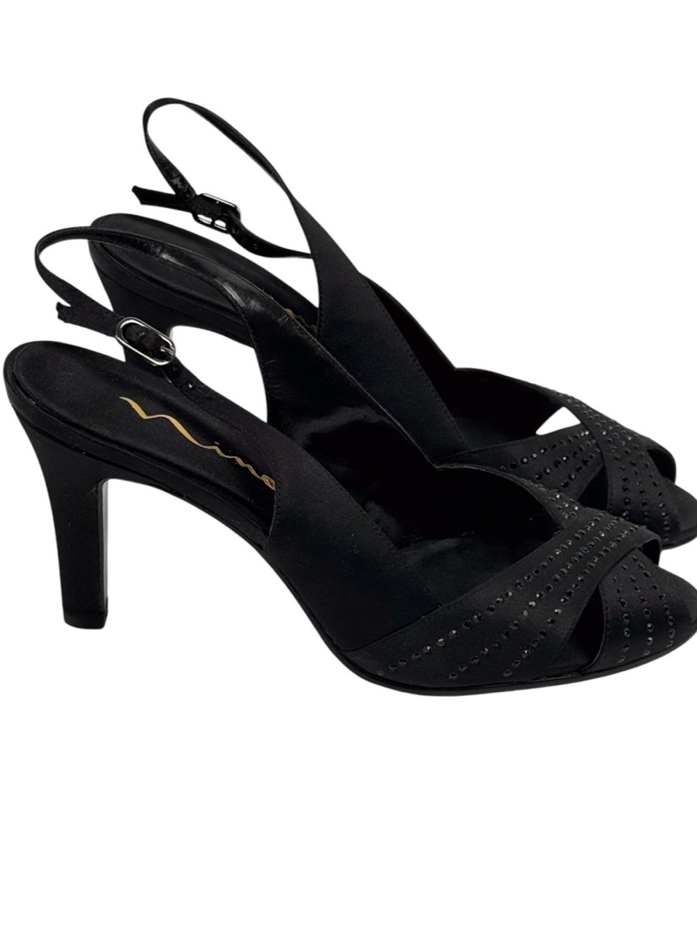 NINA “Camille” Black Lustre Slingback Peep-Toe Sandals